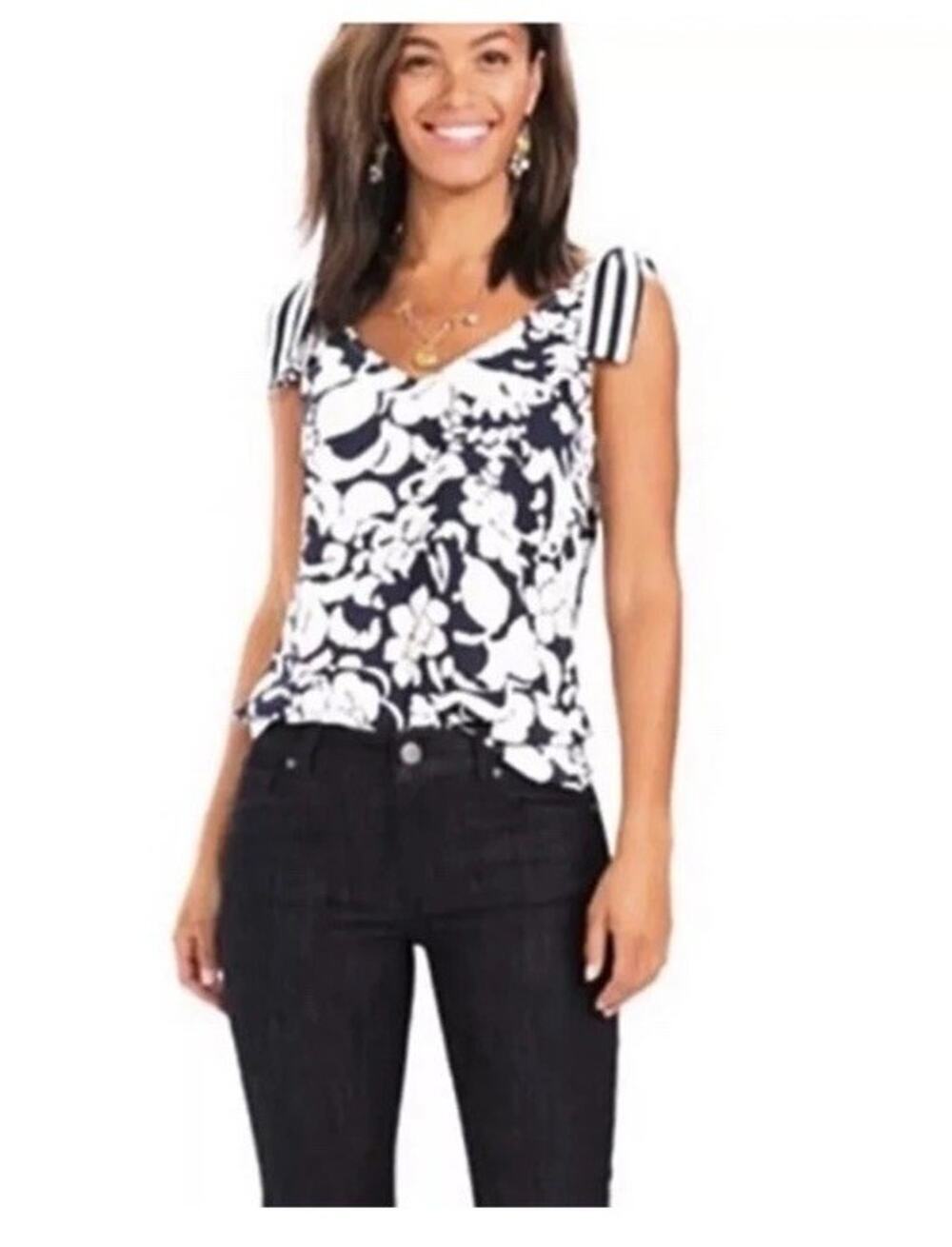 CAbi #5731 Shoulder Tie Top Womens S Blue White Floral Print Sleeveless Casual